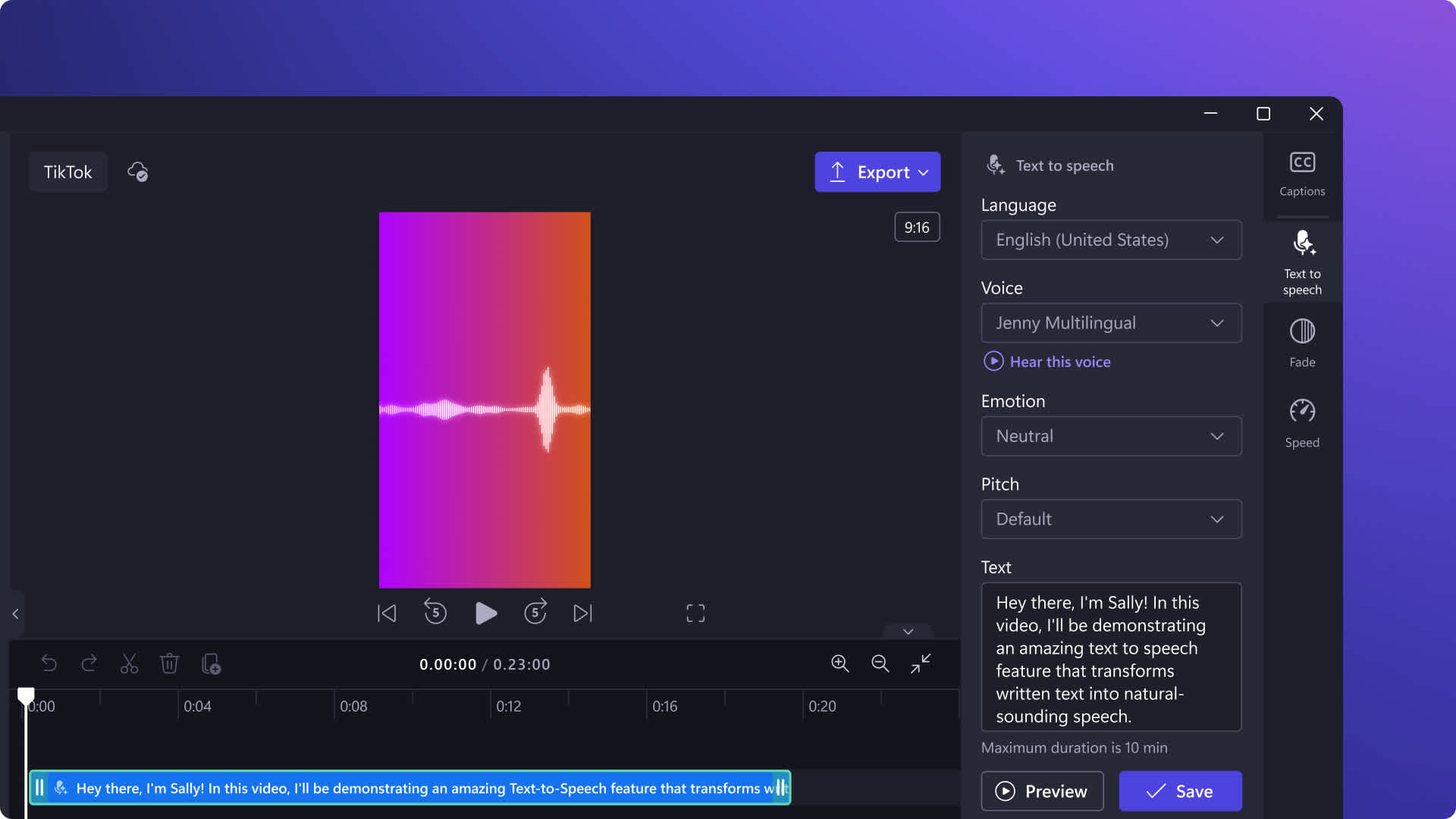 An image of the voiceover feature in Clipchamp.