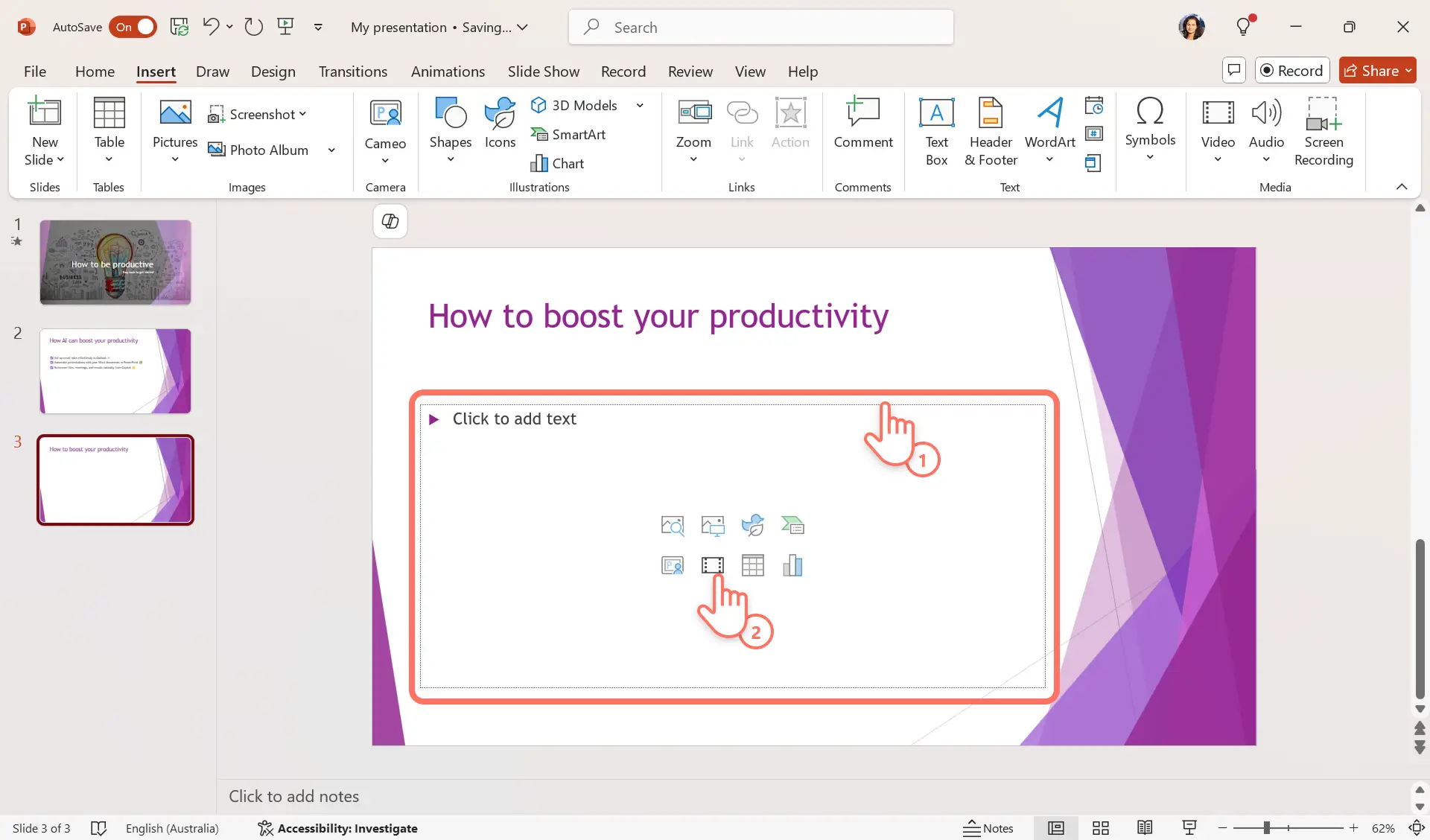 A user selecting the text field shortcuts in PowerPoint