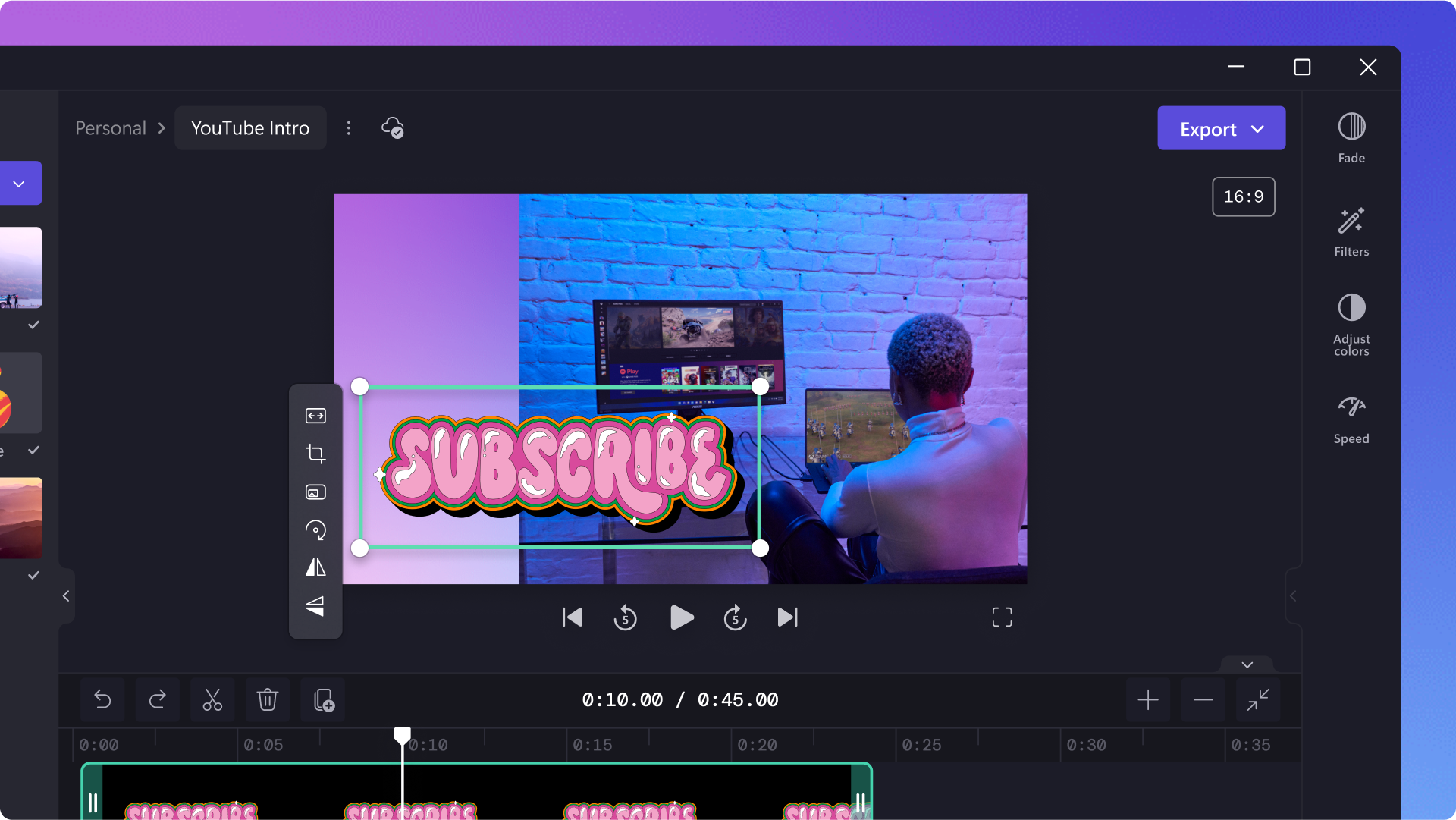 A representation of editing a gaming YouTube video on Clipchamp video editor with a graphic that says Subscribe