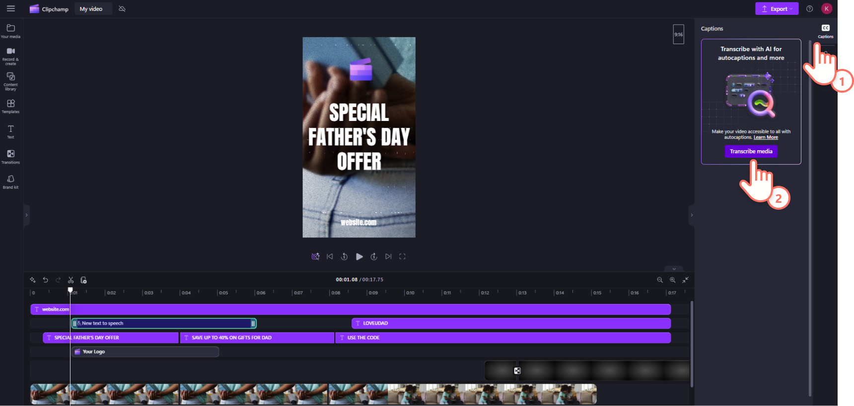 An image of a Clipchamp user turning on autocaptions for their Facebook Story video.
