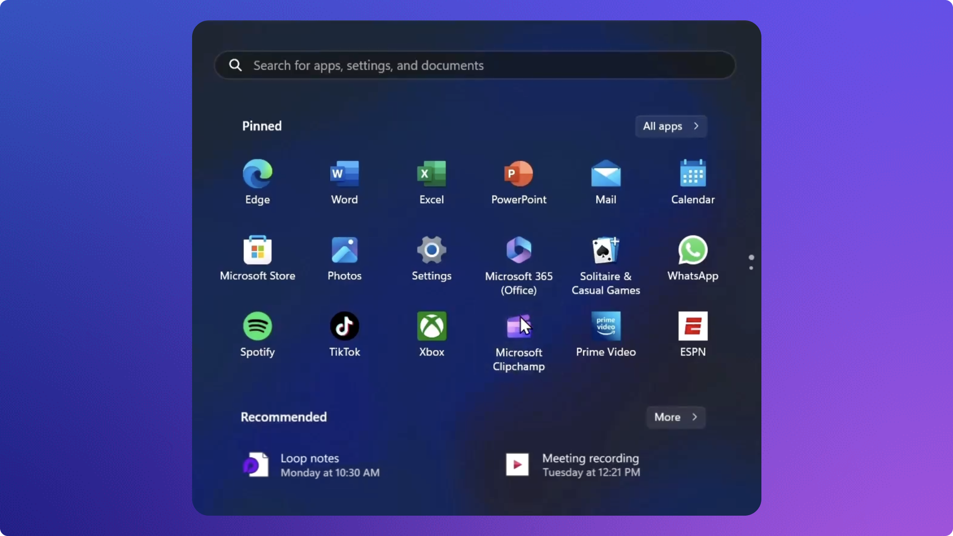 An image of the Windows 11 Start Menu which shows the Clipchamp logo