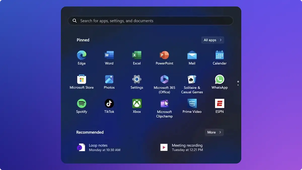 An image of the Windows 11 Start Menu which shows the Clipchamp logo