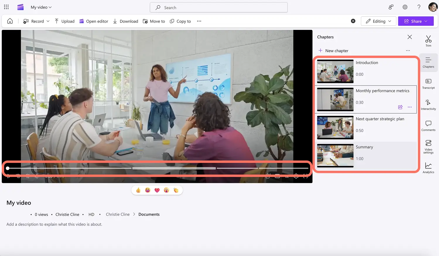 A user clicking on a video chapter in Clipchamp.
