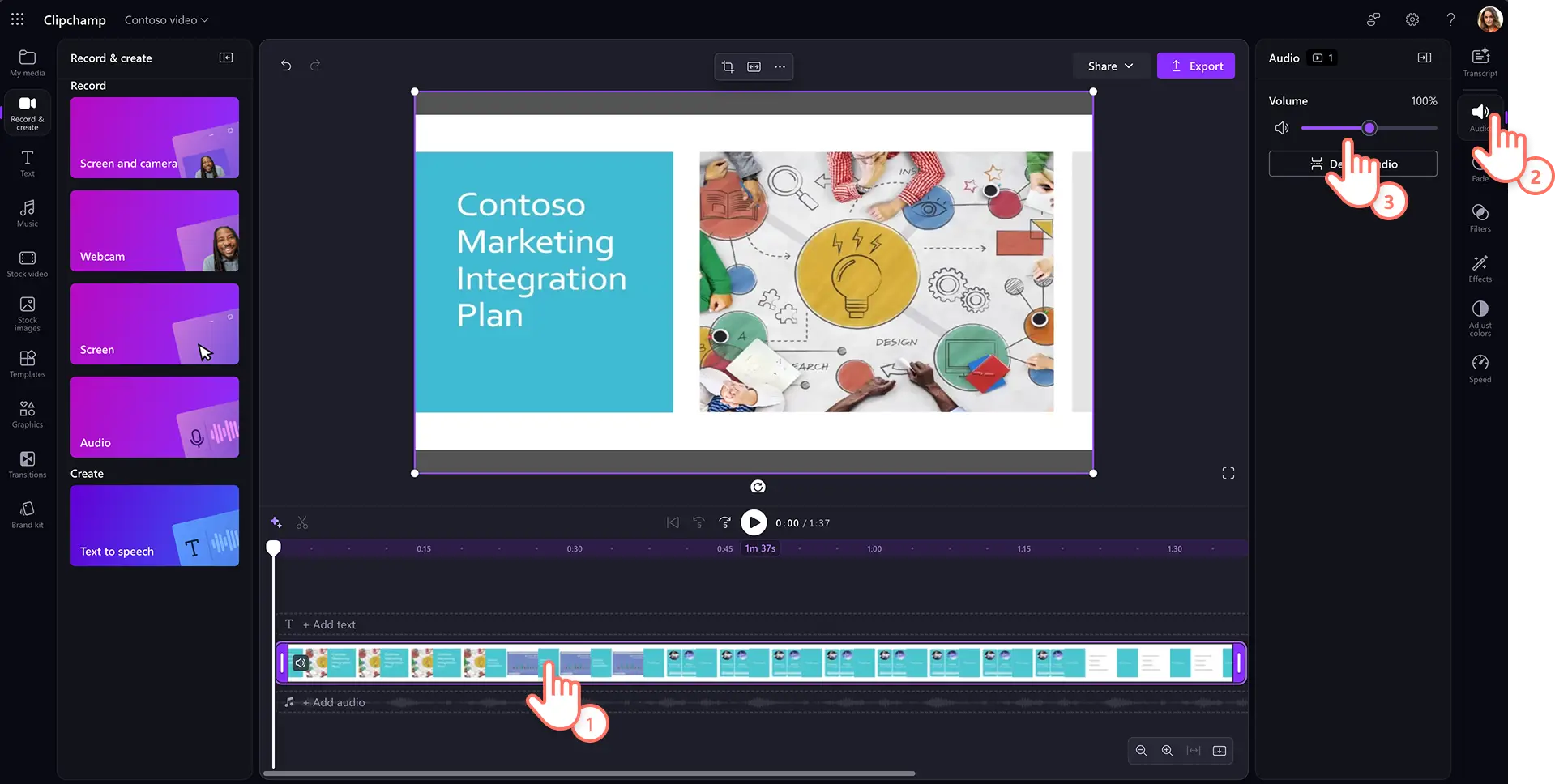 A user increasing the volume of the audio recording in Clipchamp for work
