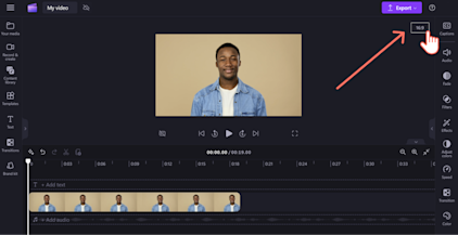 Hình ảnh người dùng Clipchamp đang di con trỏ lên trên nút tỷ lệ khung hình 16:9.