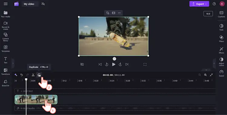 An image of a Clipchamp user hovering their cursor above the duplicate button.