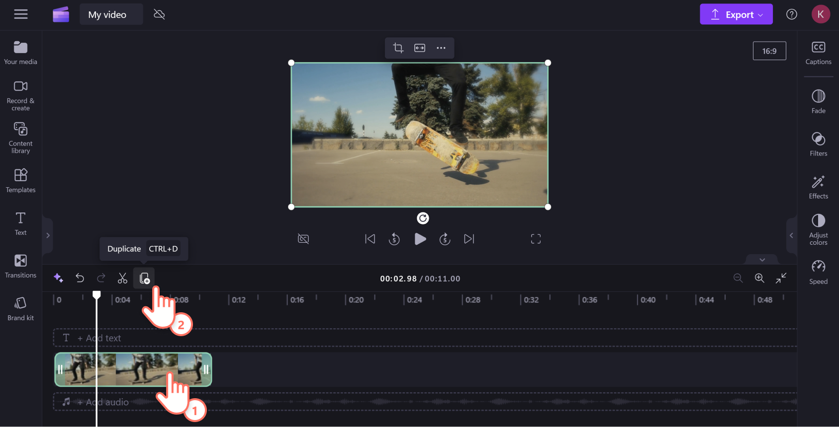 An image of a Clipchamp user hovering their cursor above the duplicate button.