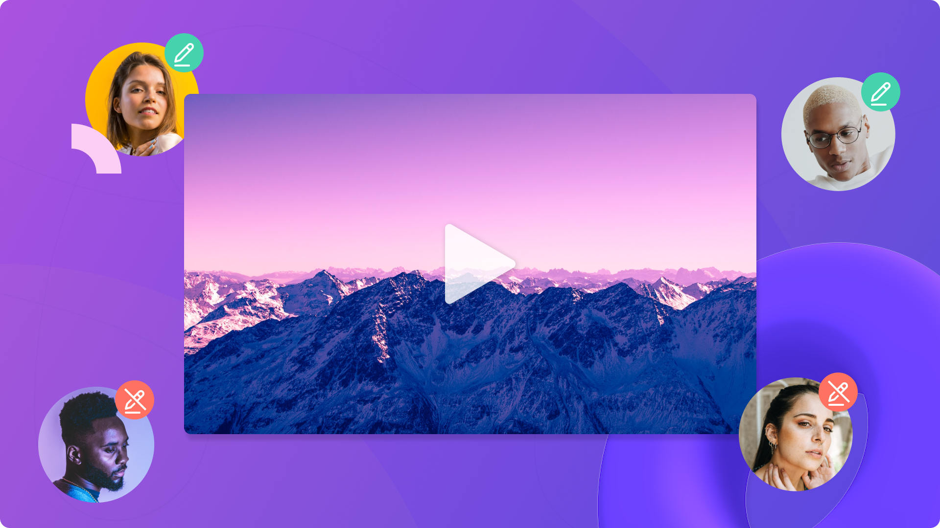 Four Clipchamp Teams user icons are shown, some have editing access and some don't, between them is a video.