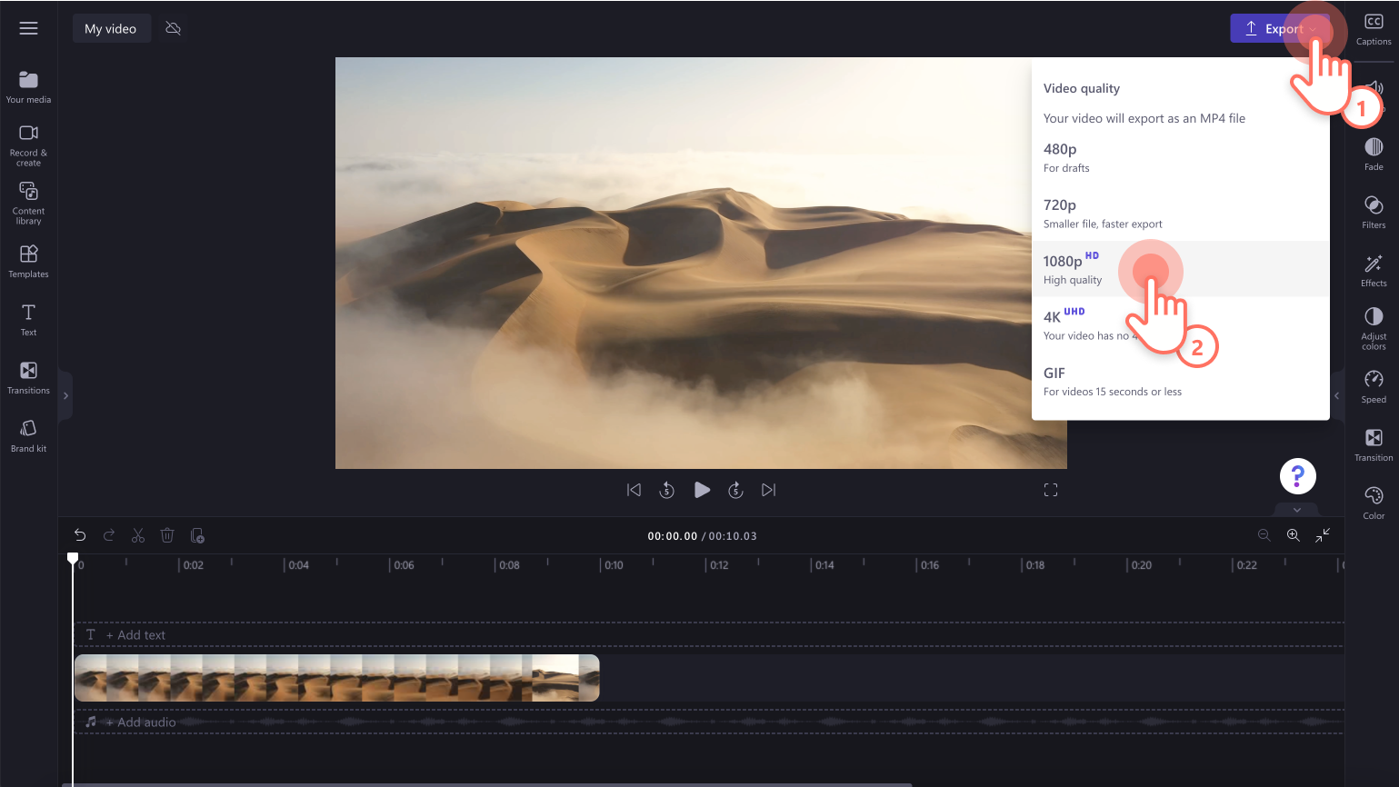 An image of a user saving a video by clicking on the export button and then 1080p video resolution. 
