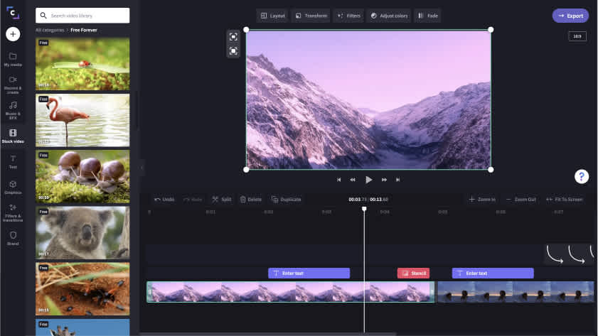 A screenshot of the Clipchamp video editor. The new sidebar is visible — new tabs include: my media, record and create, music and SFX, stock videos, text, graphics, filters and transitions, and brand.