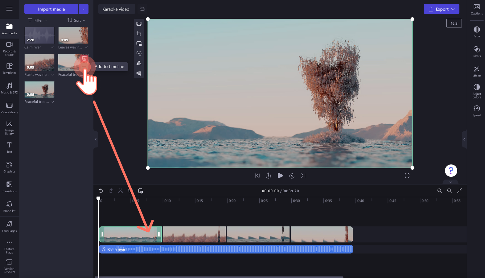 An image of a user adding stock video and audio to the timeline.
