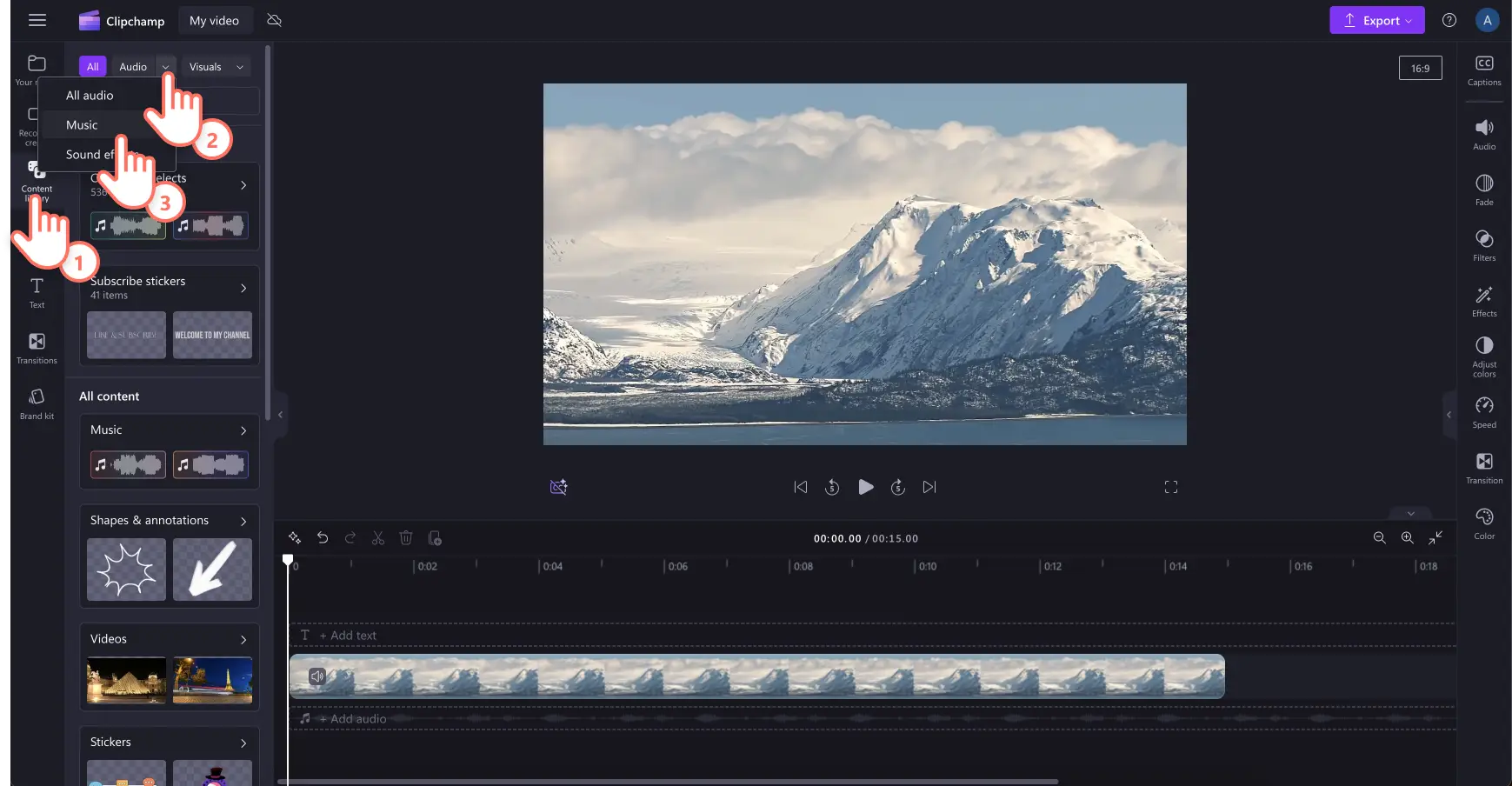 Image of a user adding background music to a video in Clipchamp.