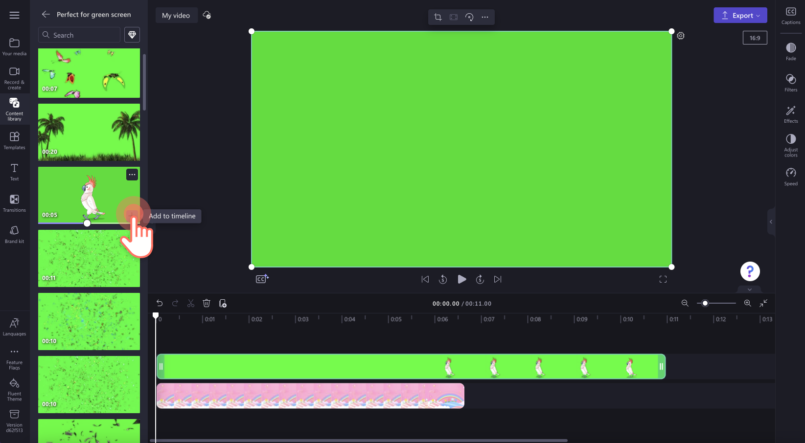 An image of a user adding a green screen stock video to the timeline.