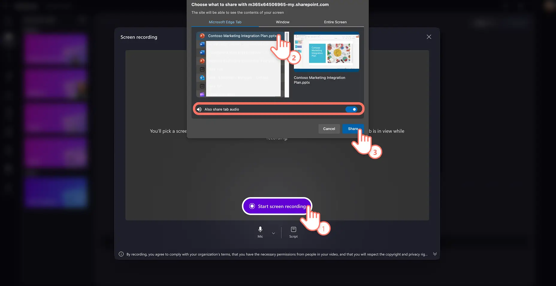 A user enabling screen recording permissions in Clipchamp for work