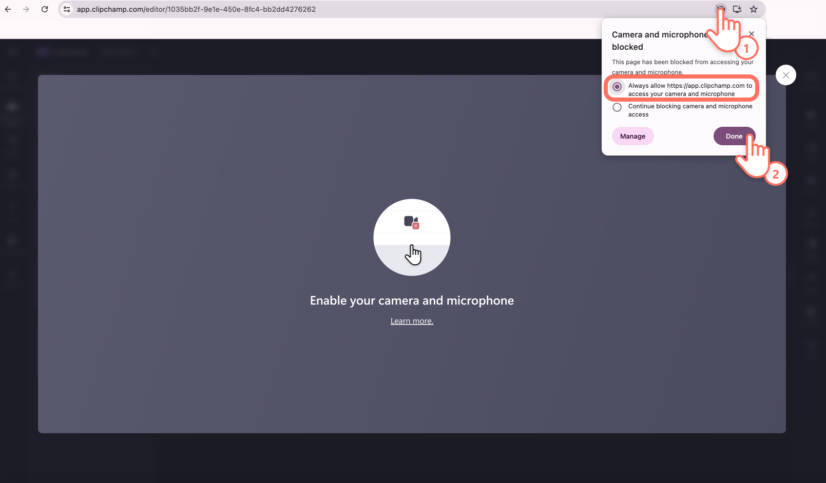 Allowing recording permissions in Clipchamp