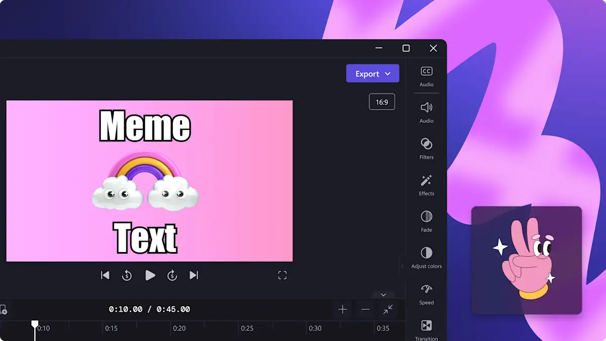 Imej video meme dalam editor.