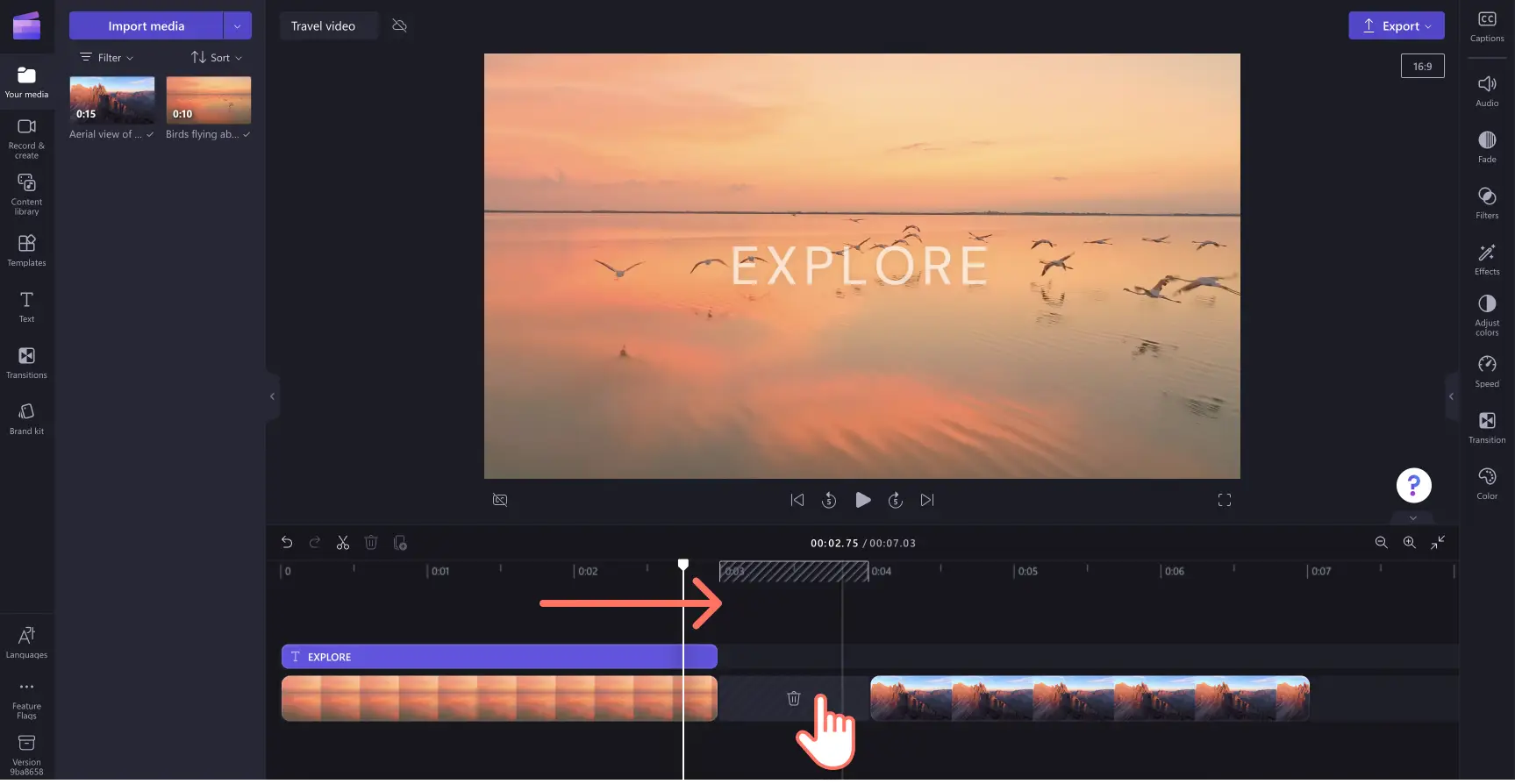 Nell'editor video di Clipchamp, è possibile rimuovere uno spazio vuoto selezionando l'icona del cestino.