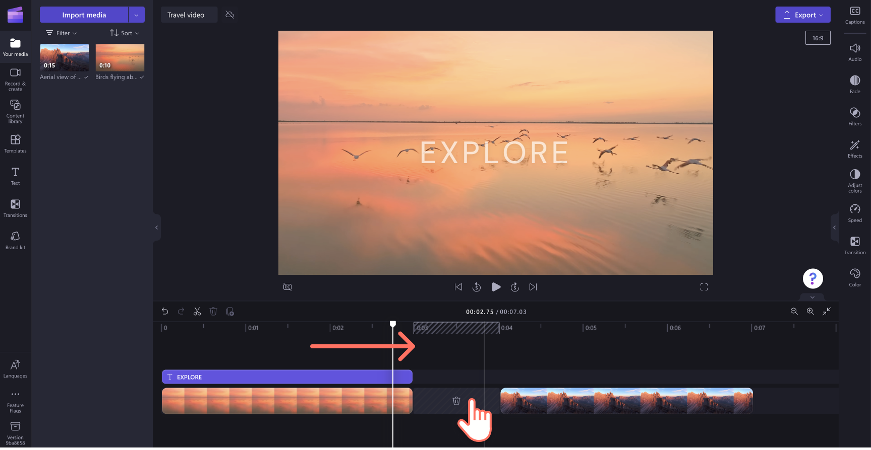 In the Clipchamp video editor, a gap is removed by selecting the trash icon.