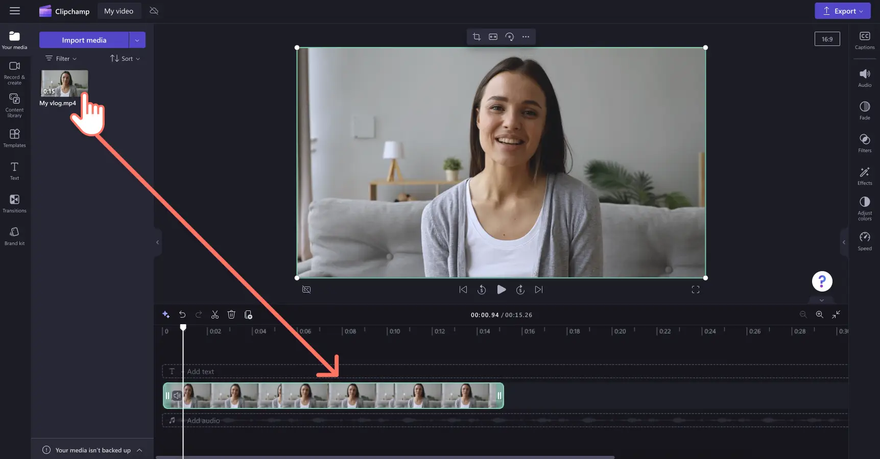 Adicionar uma gravação de vlog à linha do tempo do Clipchamp