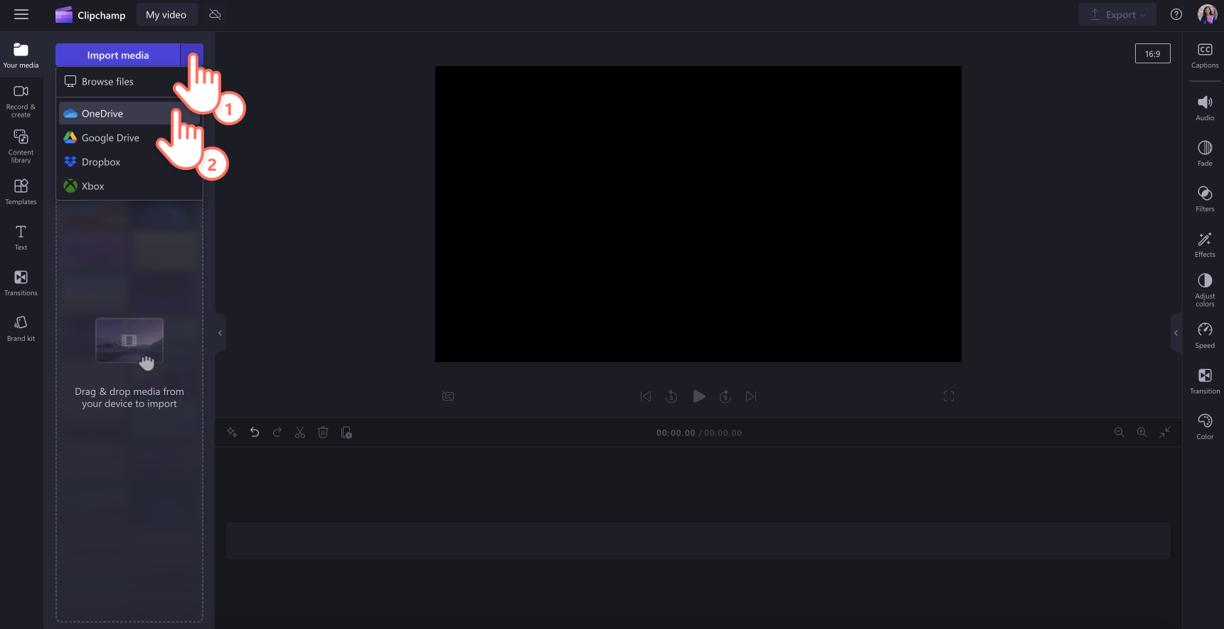 Import media button in Clipchamp