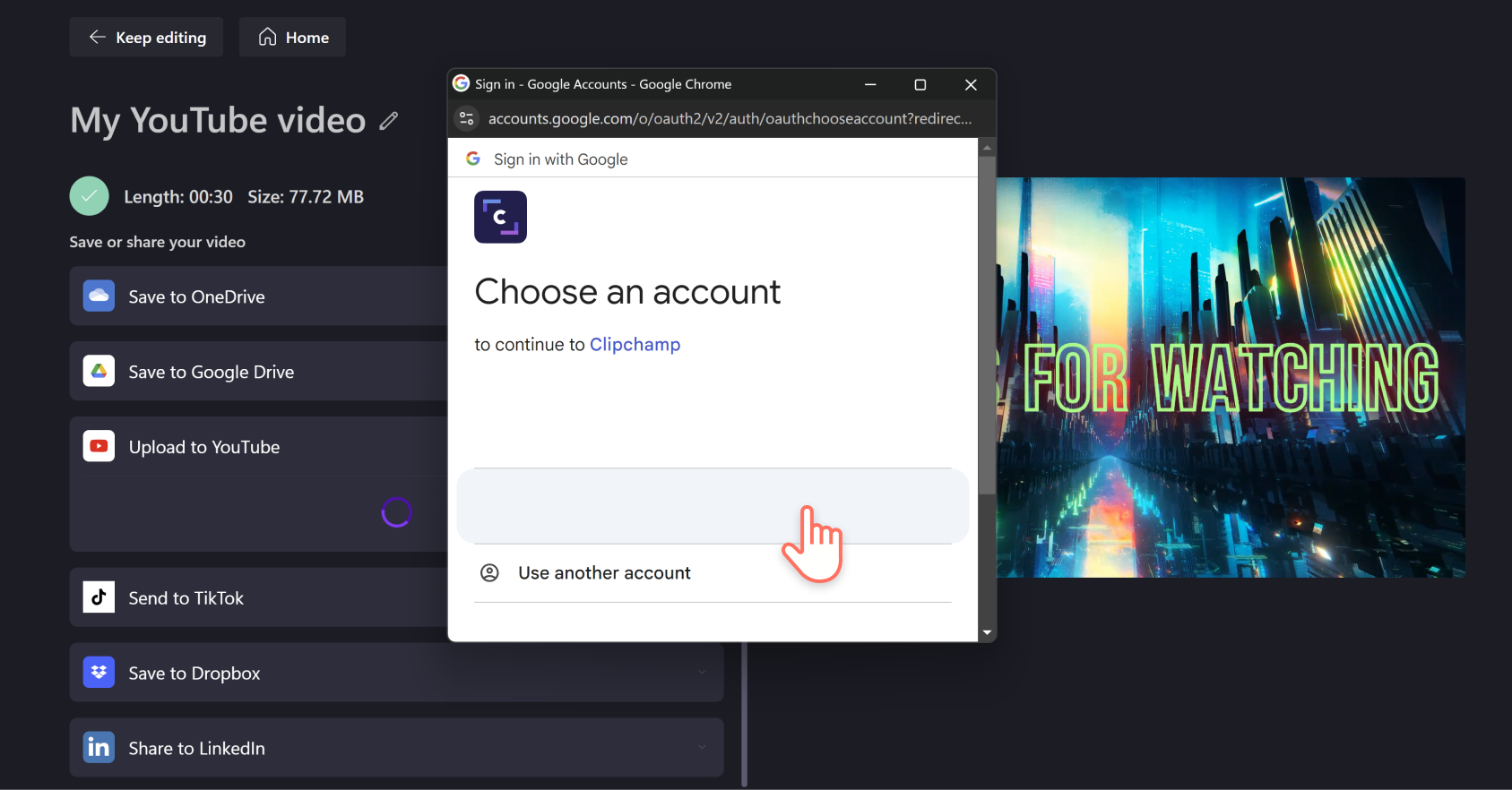 An image of a Clipchamp user selecting their YouTube account from a pop-up window.