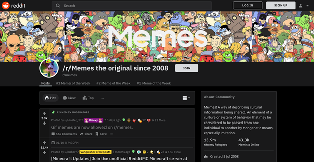 Reddit homepage - where to find trending memes