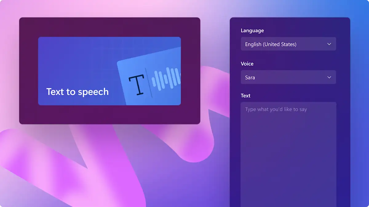 Изображение функции преобразования текста в речь в Clipchamp.