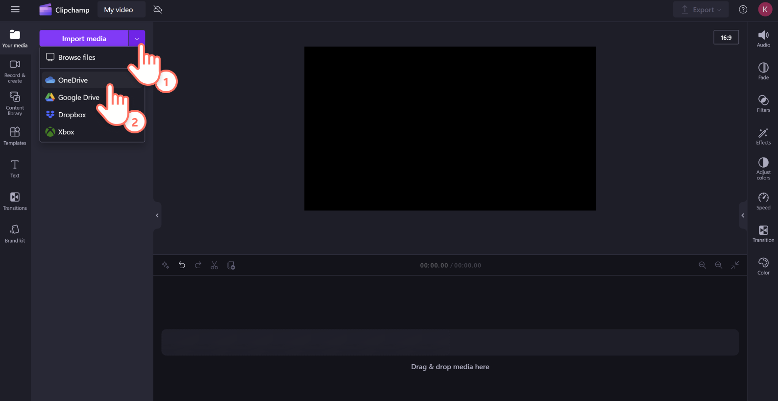 A user importing media into the editor using OneDrive in Clipchamp.