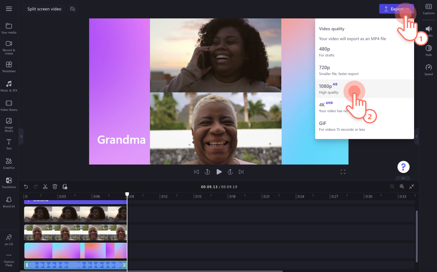 An image of a user saving their video with the export button.