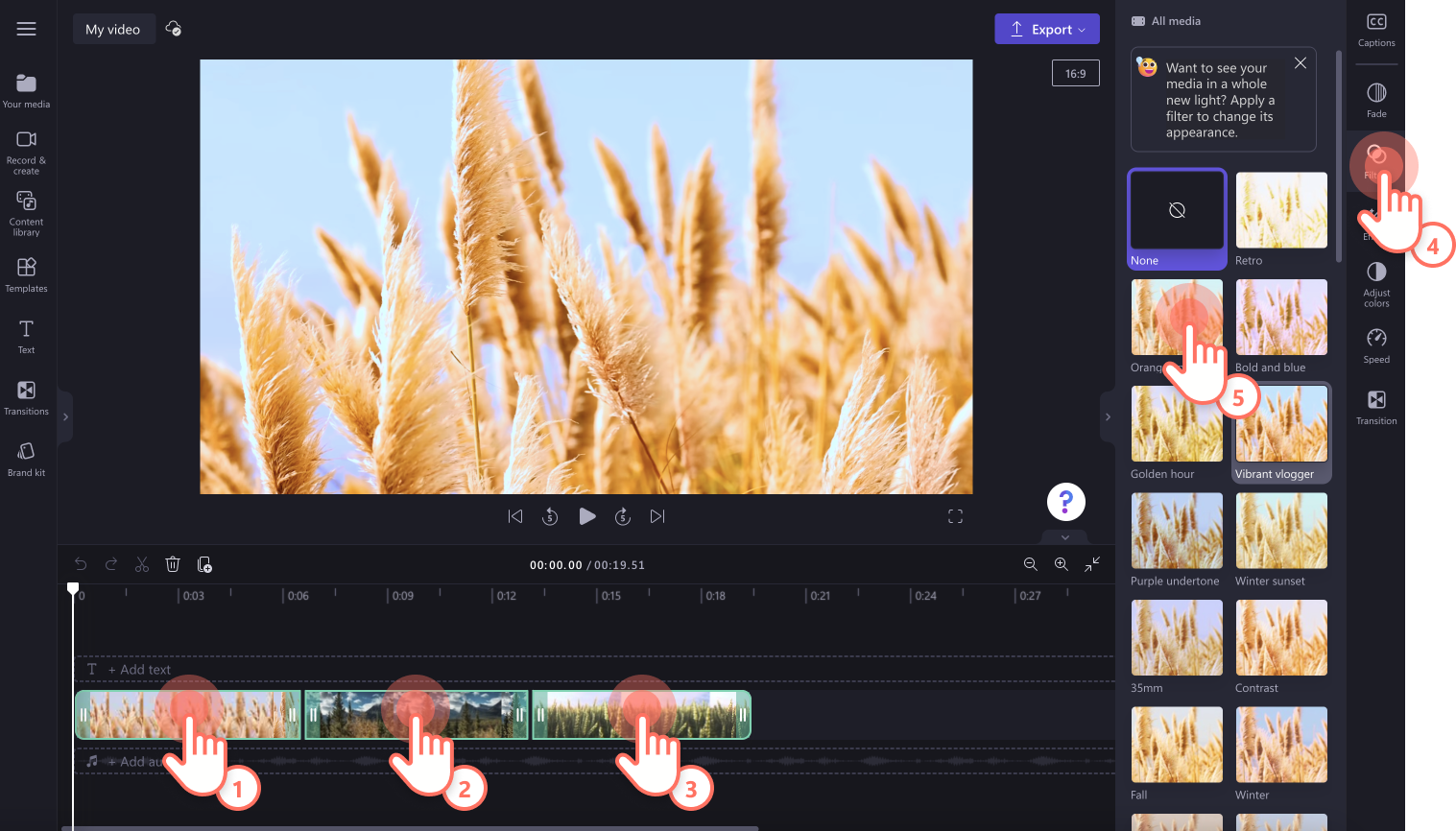 An image of a user multi-applying filters to videos.