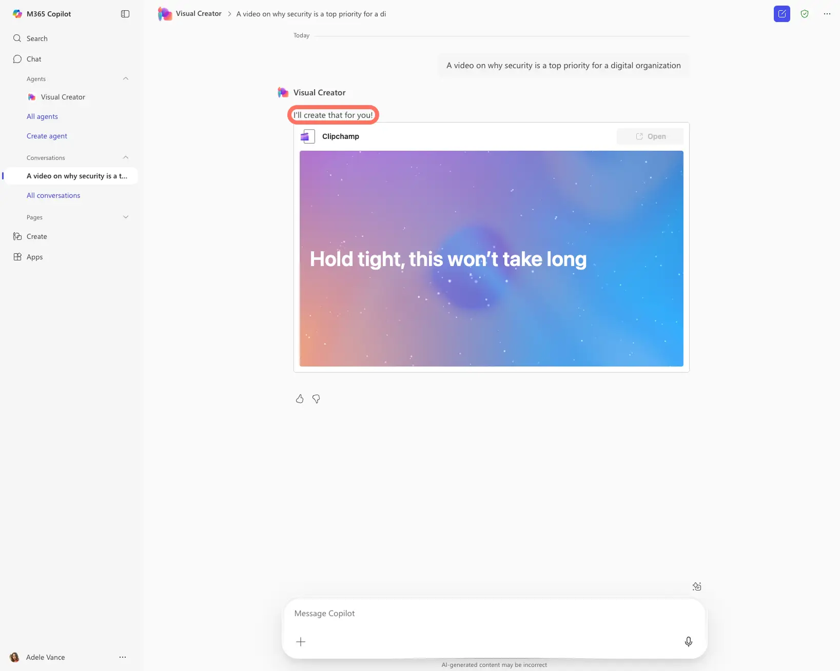 A user waiting for Copilot to generate a video