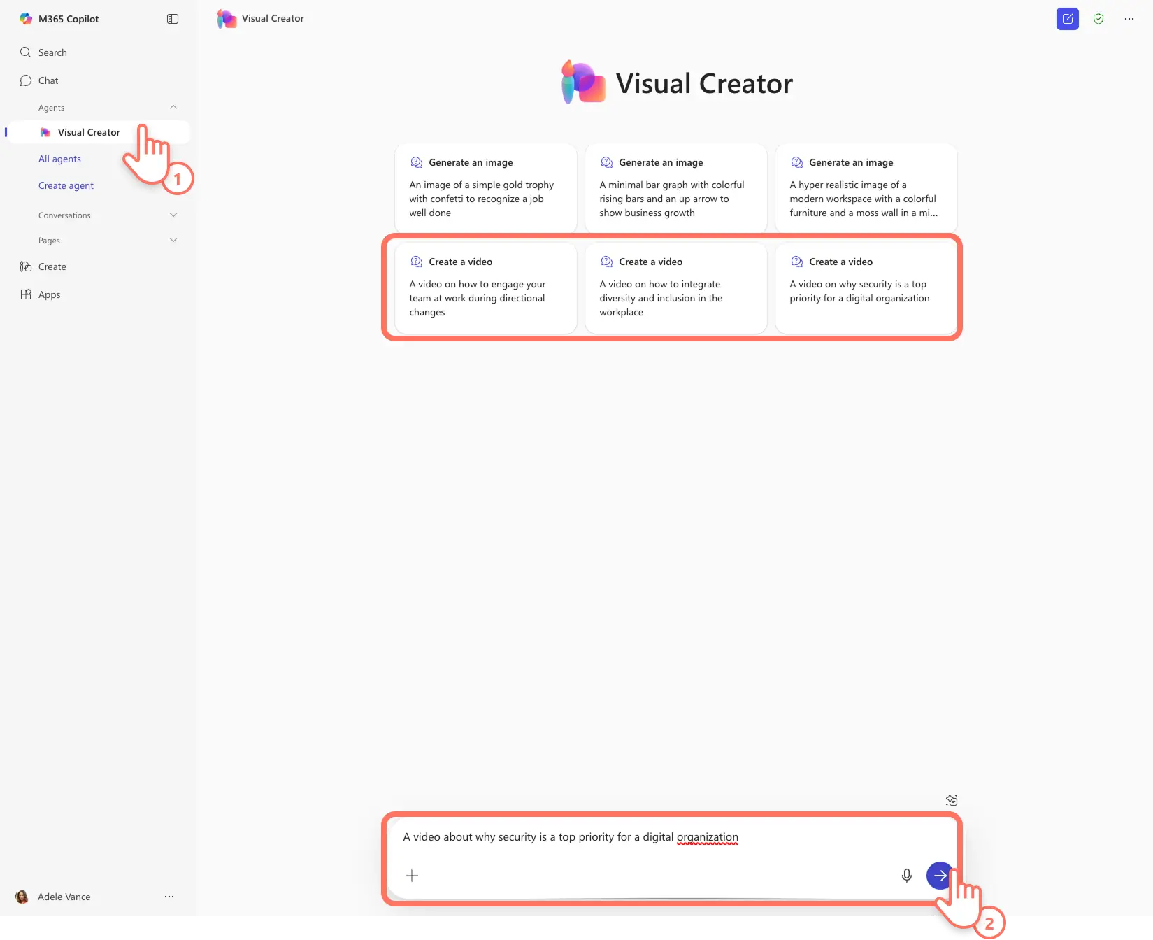 A user chatting with Copilot Visual Creator agent to make a video