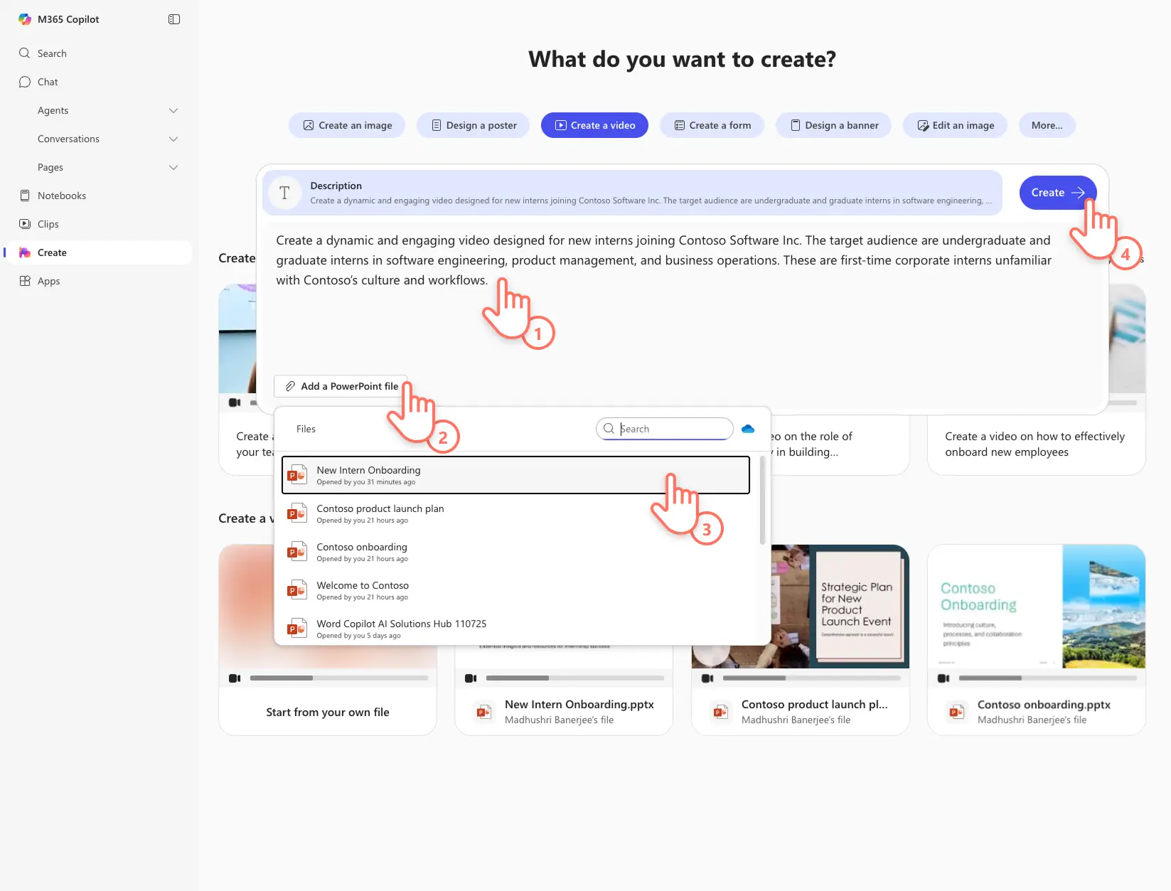 A user prompting Copilot to create a video presentation from a PowerPoint file.