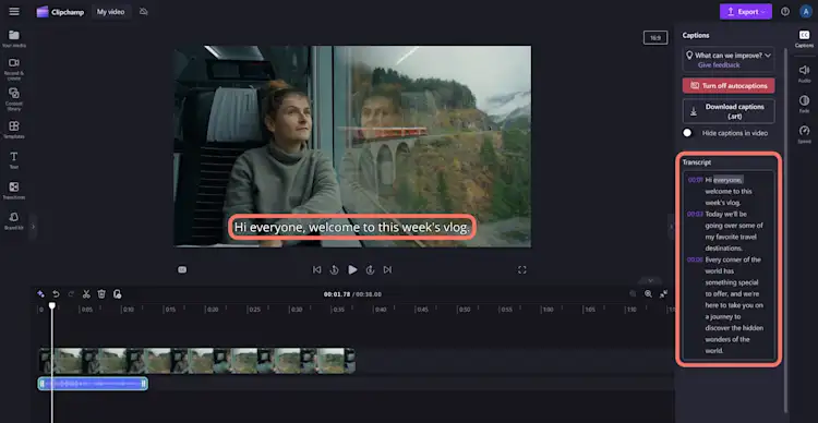 自動キャプション機能によるトランスクリプトと字幕の画像。