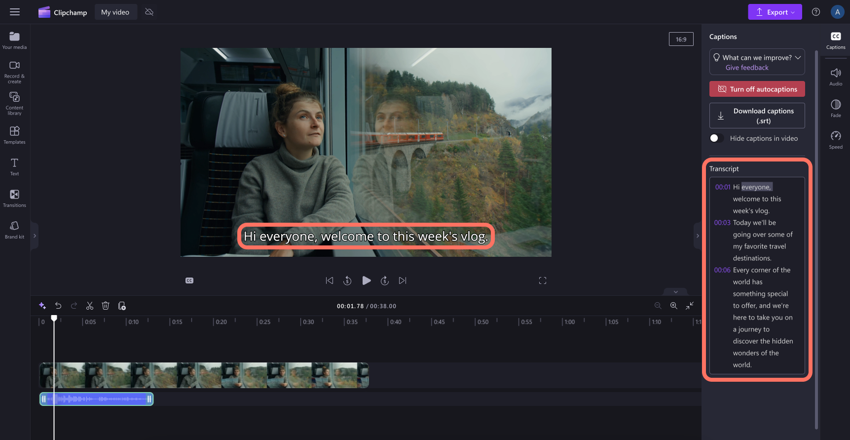 Image of the autocaptions transcript and subtitles.