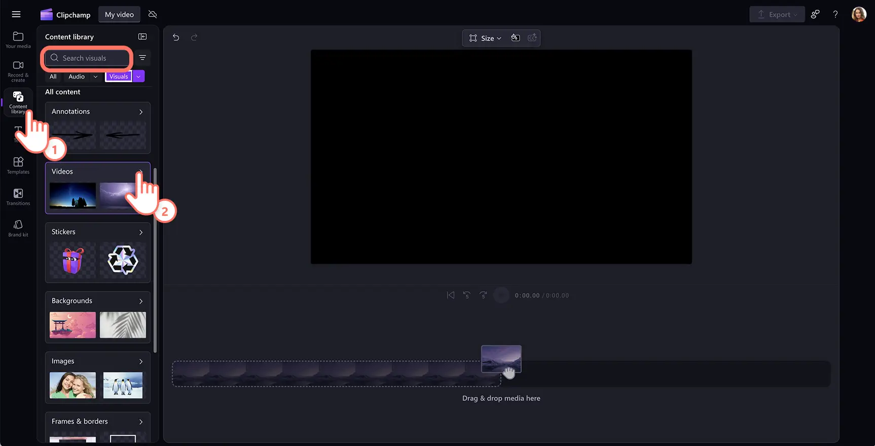 A user searching the content library for stock images and videos in Clipchamp.