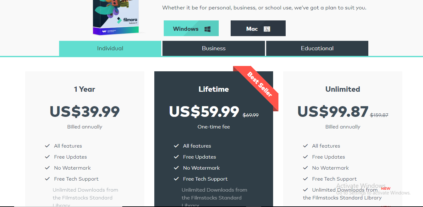 Filmora Pricing plans