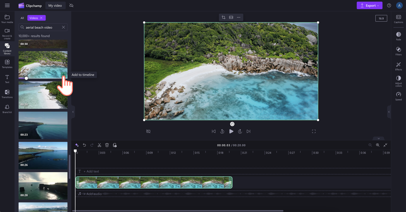 An image of a user clicking to add a video onto the timeline.