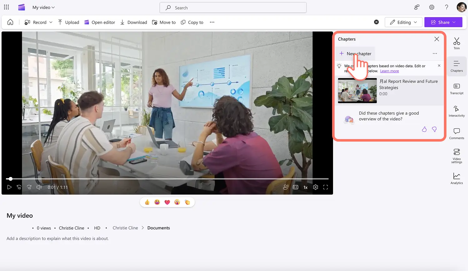 A user adding chapters to video in Clipchamp.