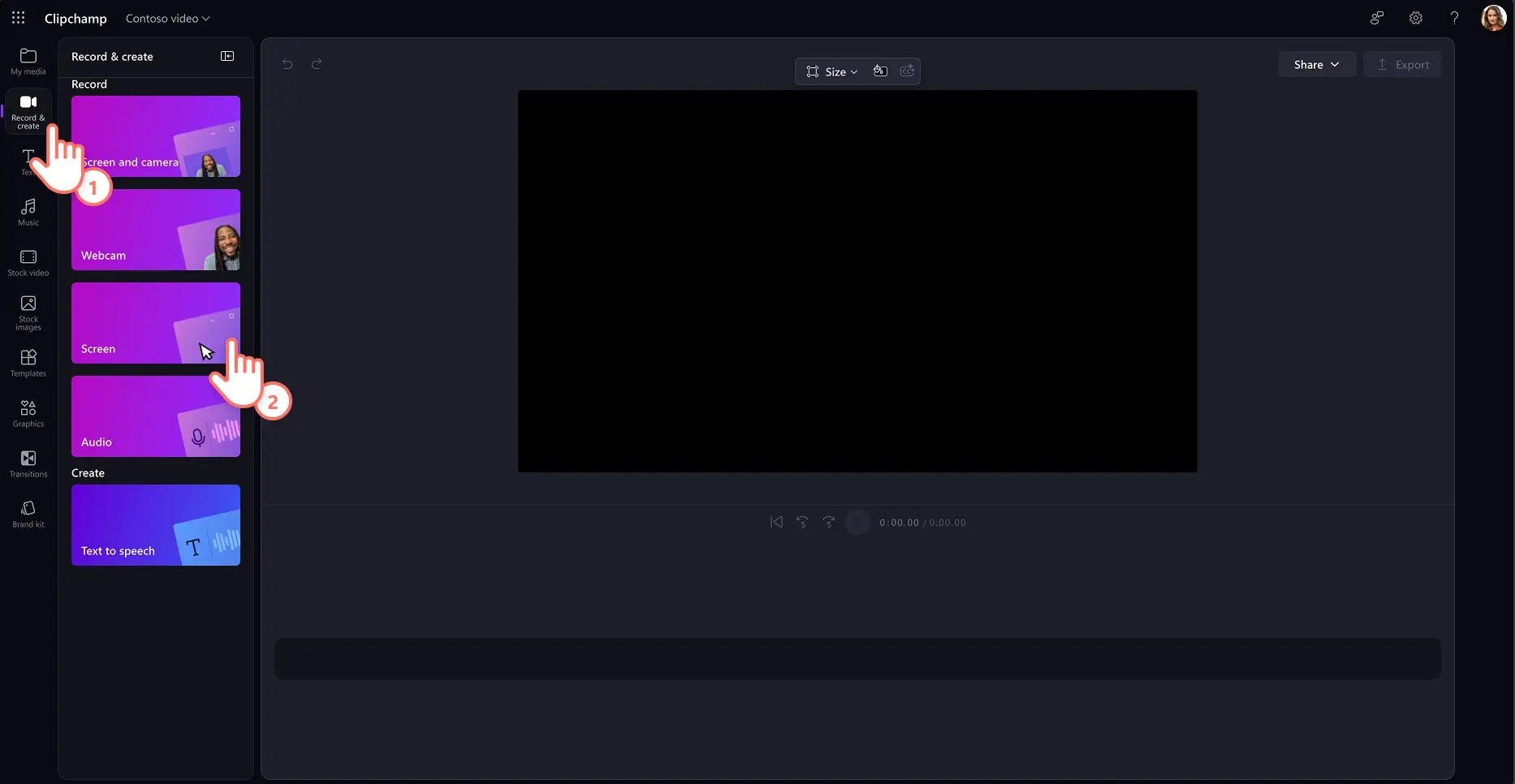 A user selecting the screen recording tool in Clipchamp for work