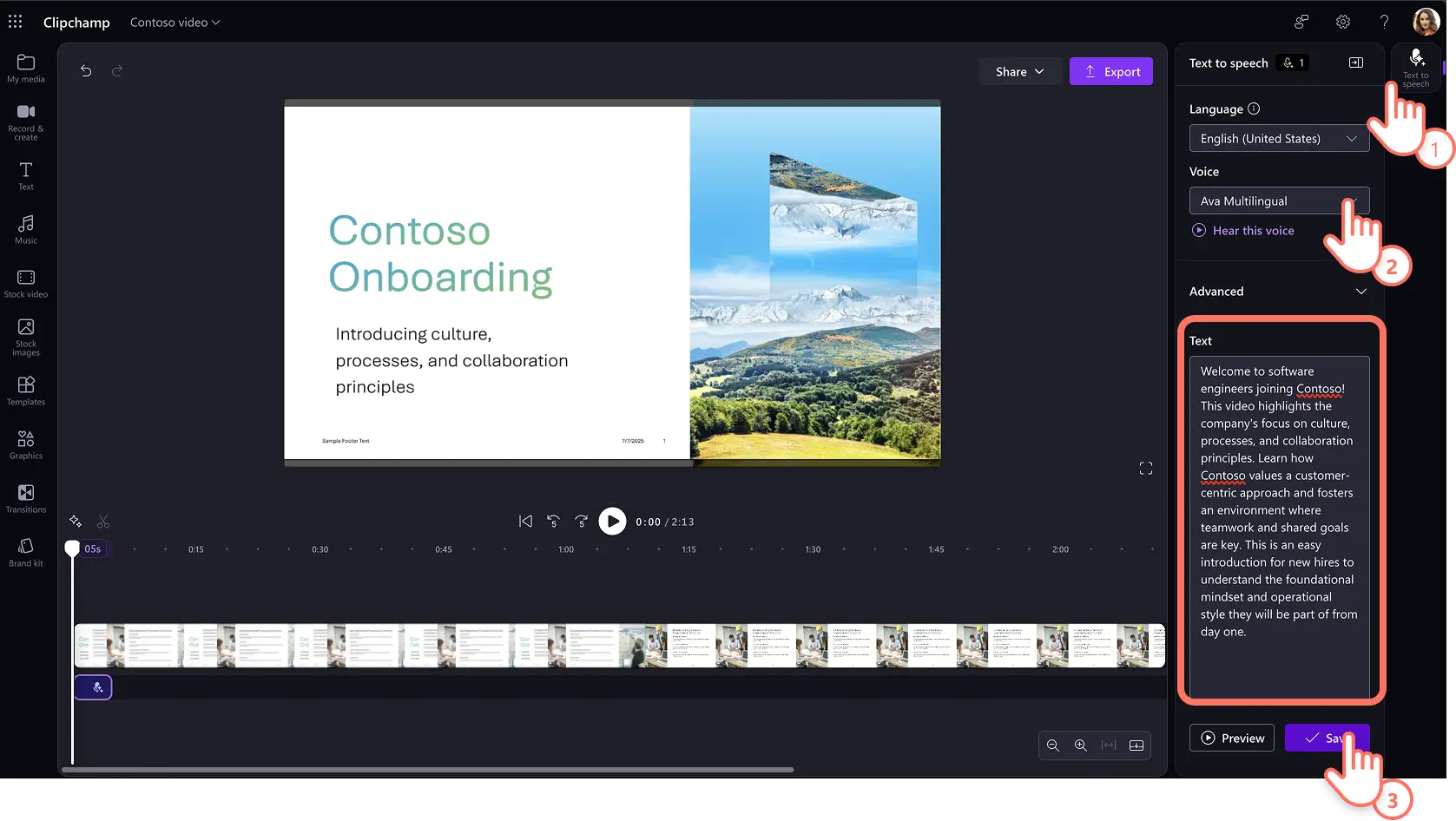 A user choosing an AI voiceover language, voice, and adding the narration script in Clipchamp for work