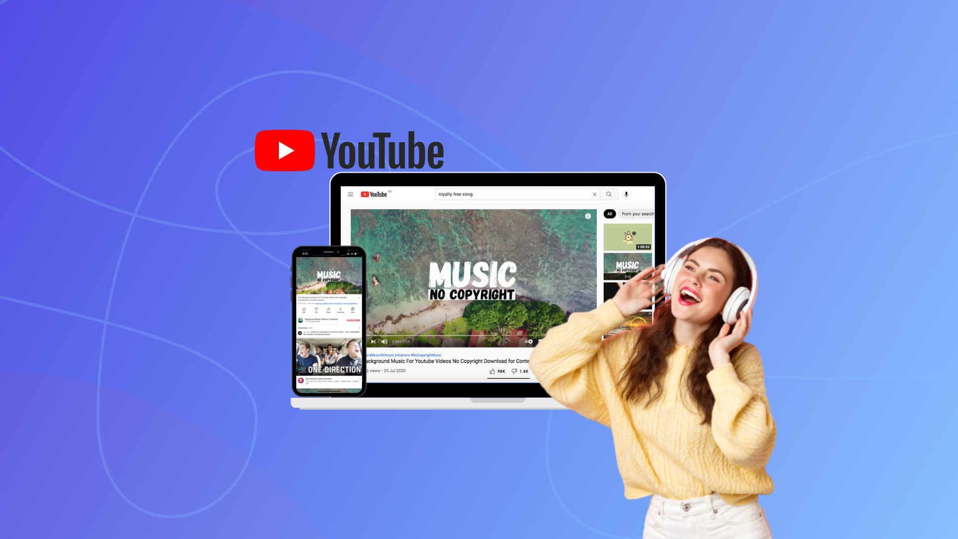 Image of downloading a music video on YouTube with girl singing with headphones.  
