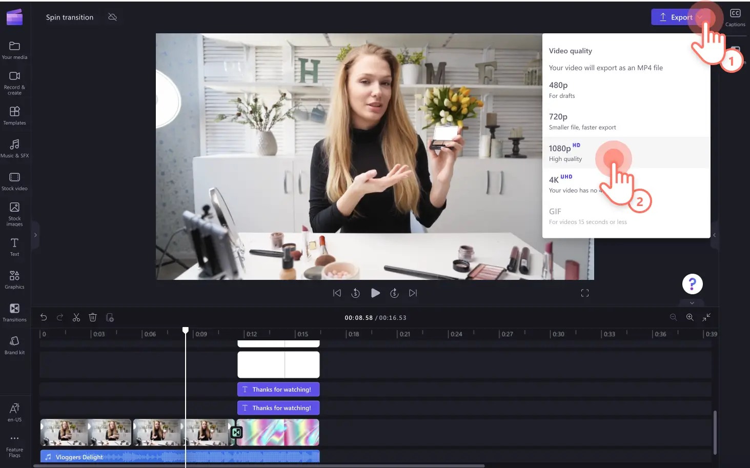 O imagine cu un utilizator care face clic pe butonul de export pentru a salva videoclipul.