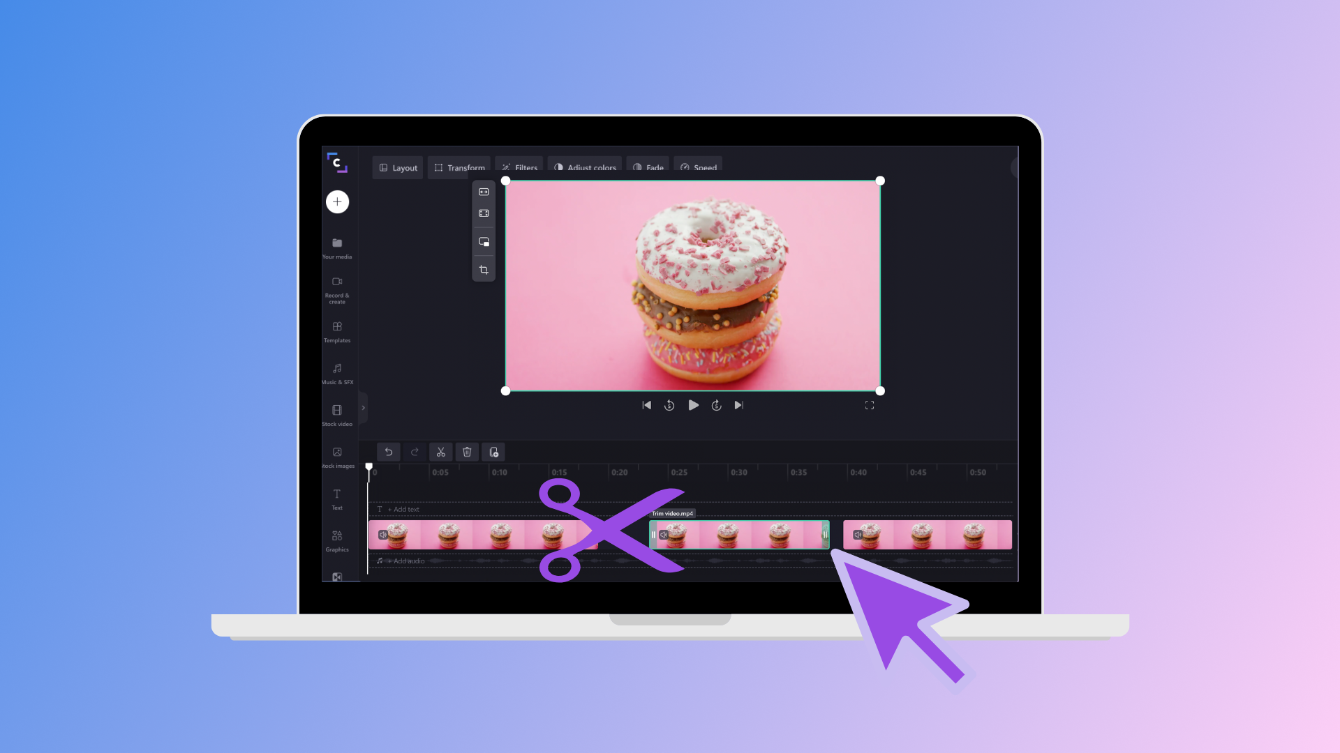Image of a laptop with Clipchamp editor on the screen. The user is trimming a video clip on the timeline.