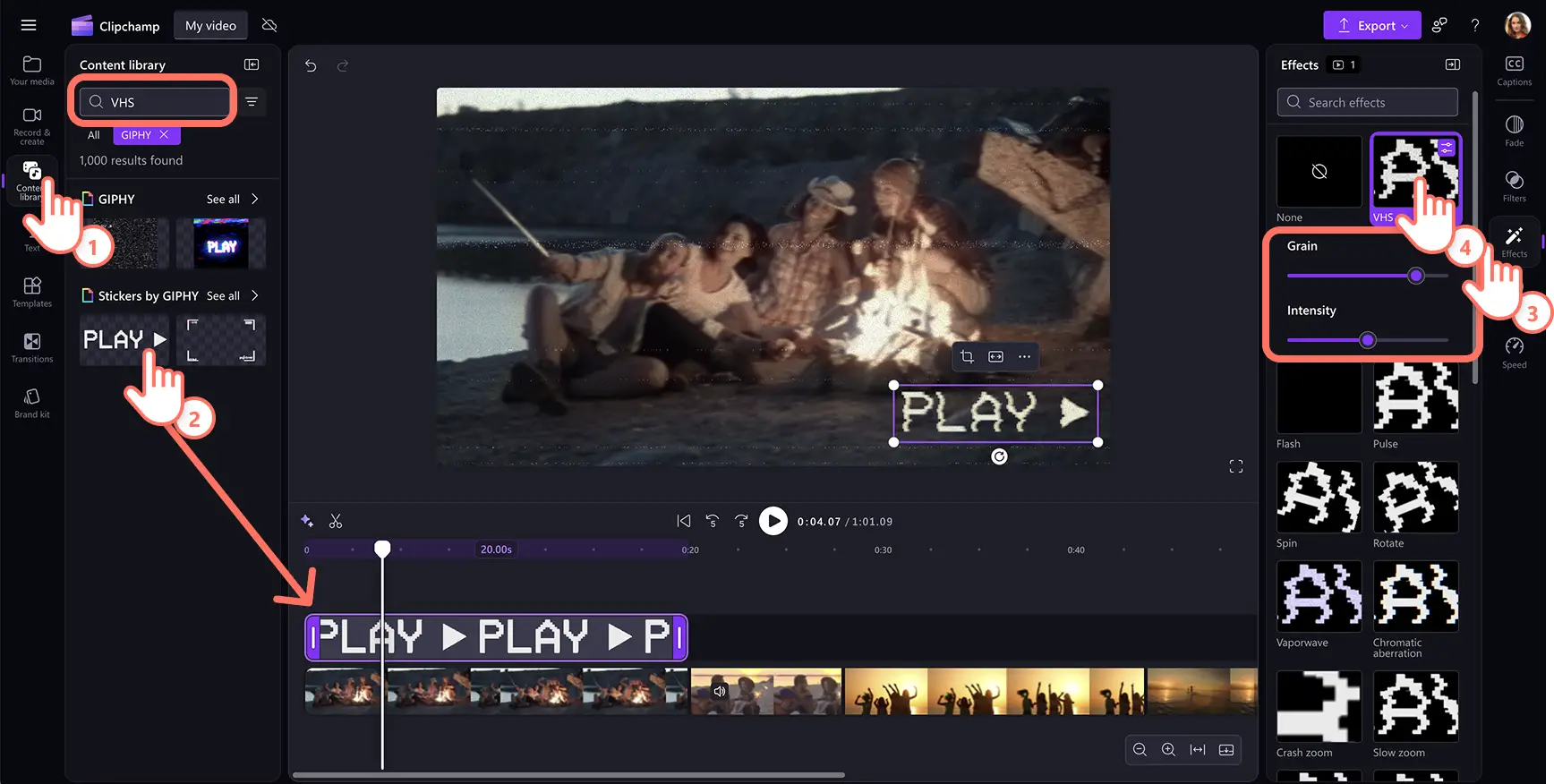 A user adding the VHS effect to an animated sticker asset in Clipchamp.
