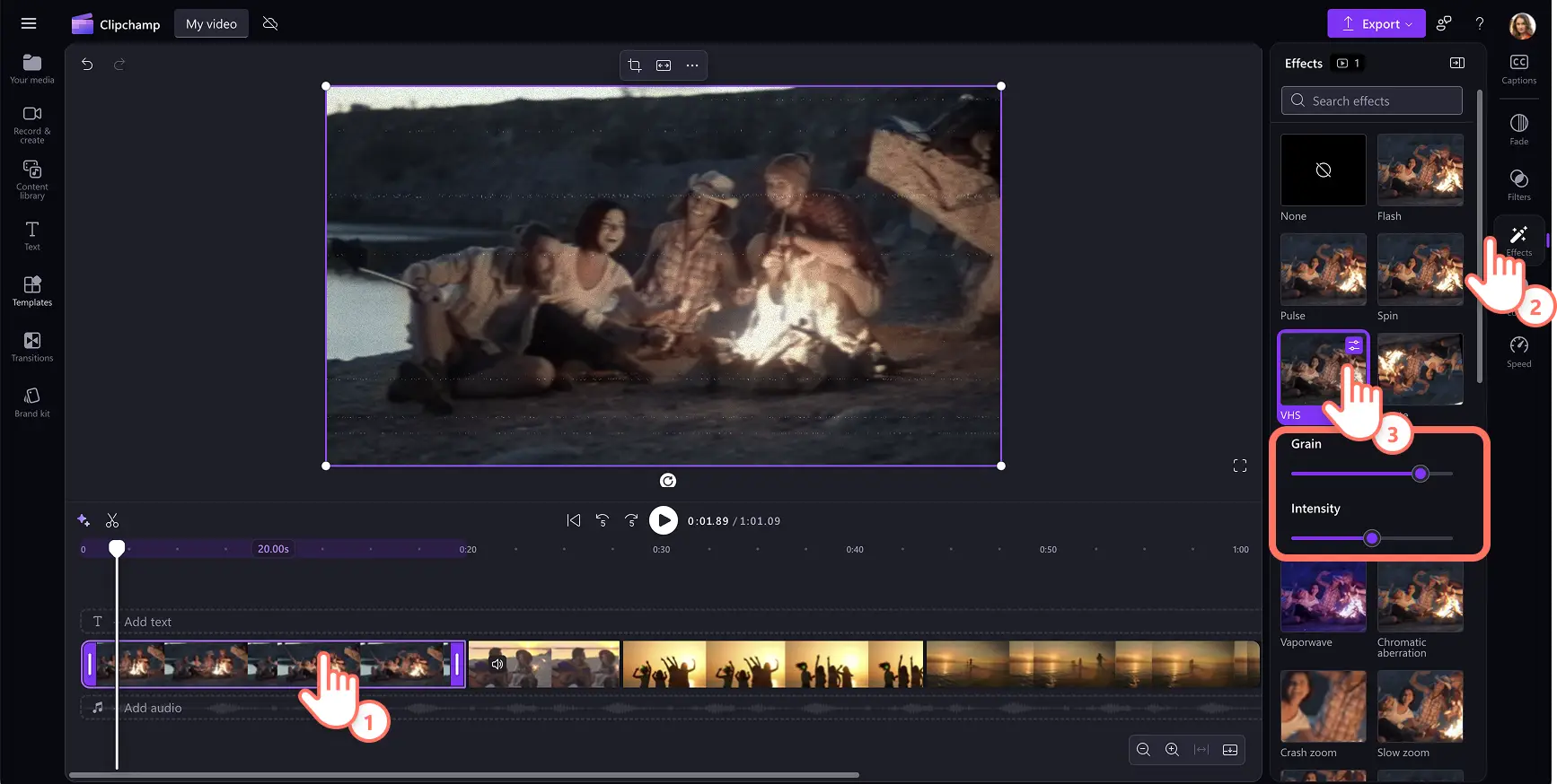 A user adding the VHS effect to a video asset on the timeline in Clipchamp.