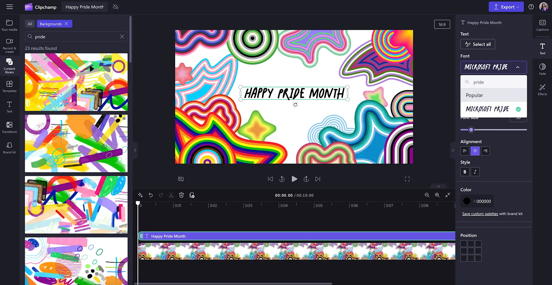 Bản xem trước phông chữ Microsoft Pride trong trình chỉnh sửa video Clipchamp