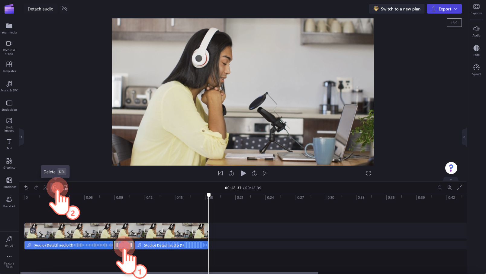 An image of the unwanted audio clip being deleted using the delete button.