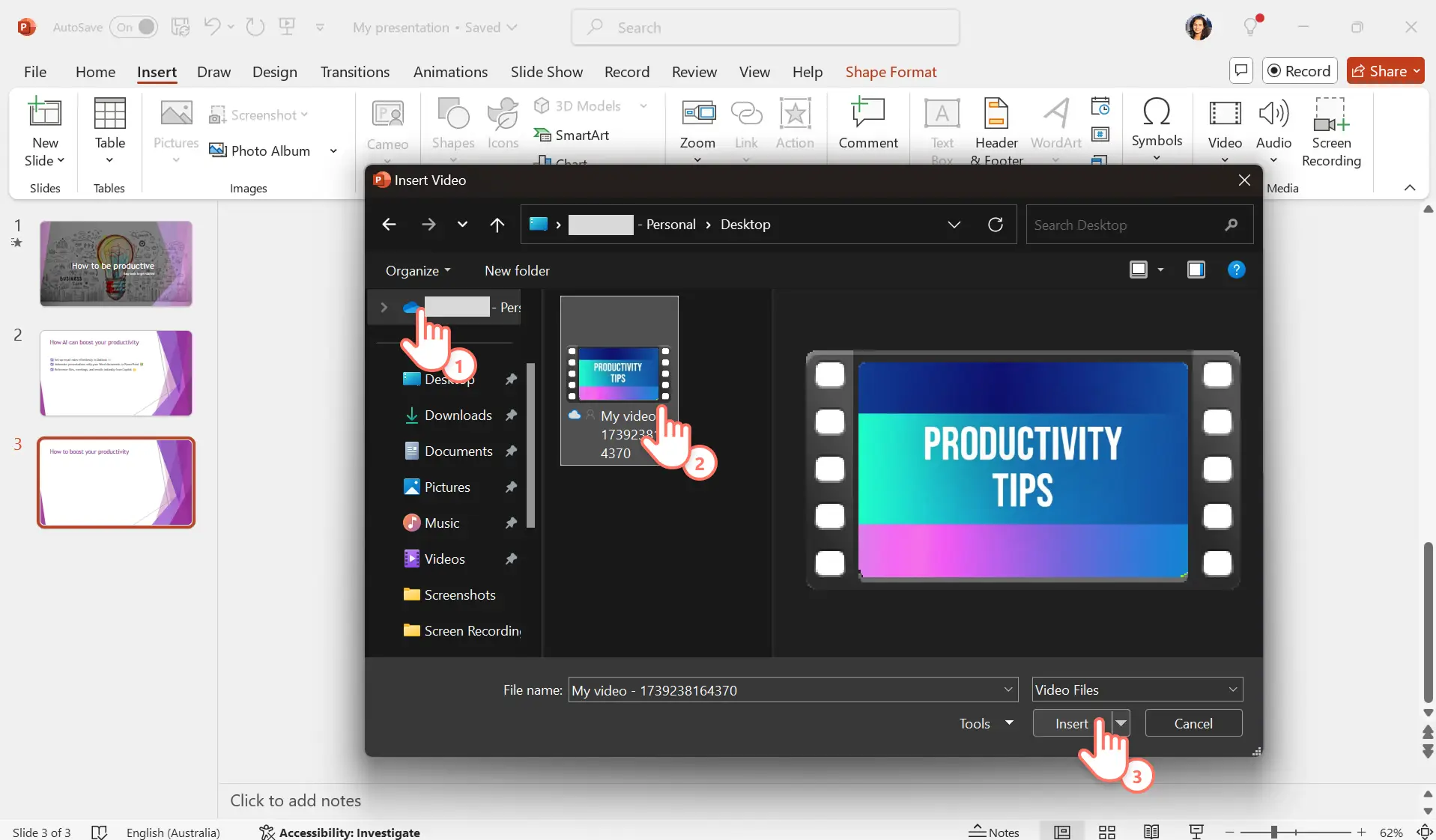 Usuário selecionando um arquivo de vídeo do OneDrive para o PowerPoint