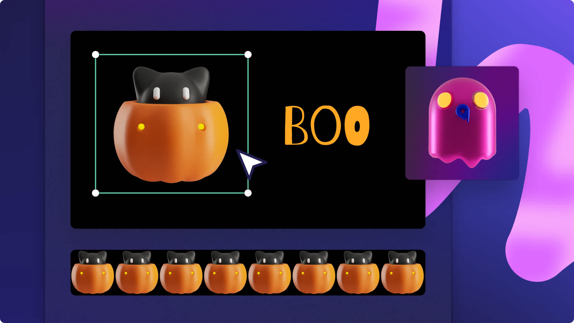 An image of Clipchamp editor with a pumpkin and ghost emoji.